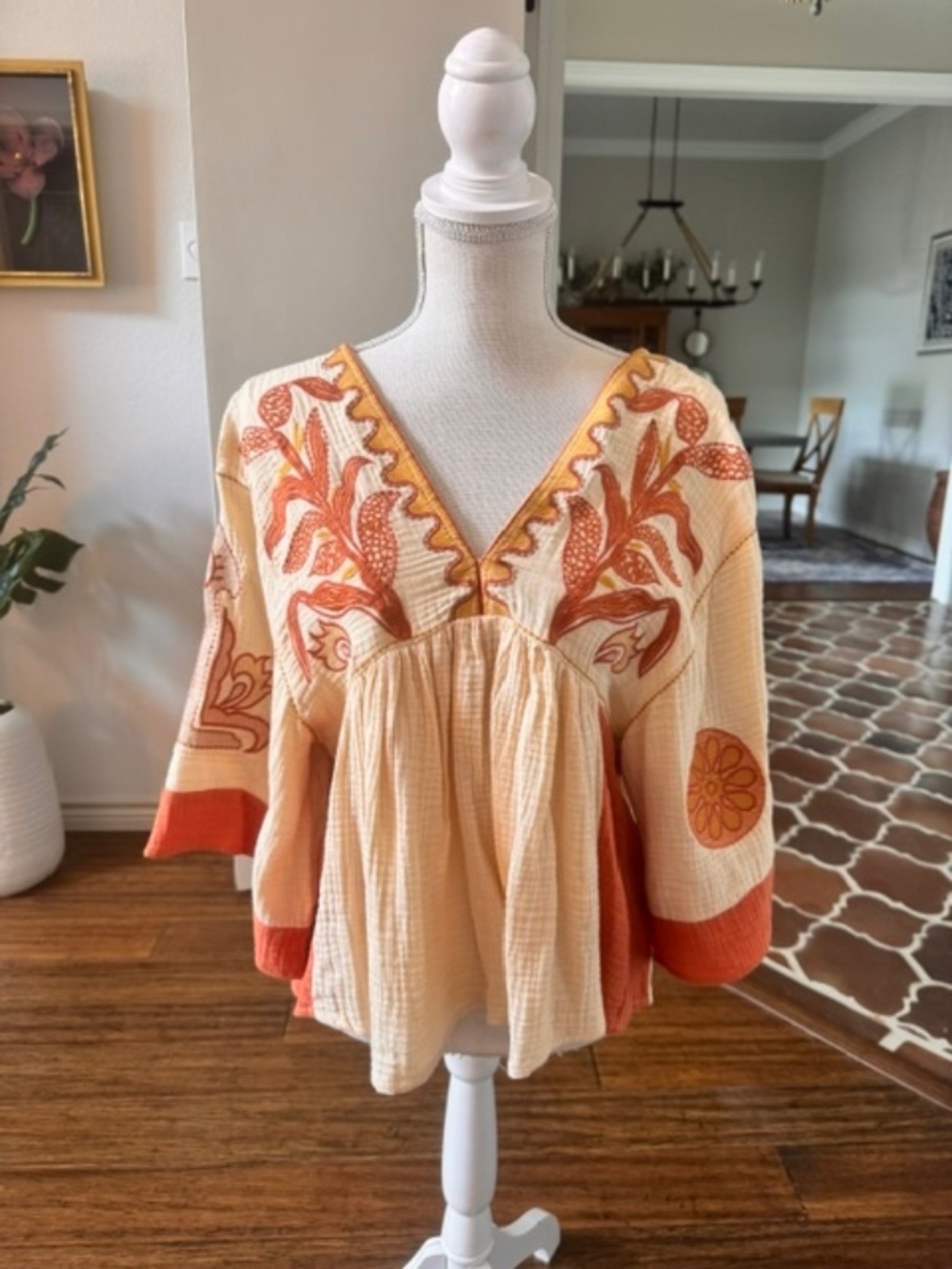 Veveret Cream & Terracotta Embroidered Boho Tunic-Babydoll Top - Size Small